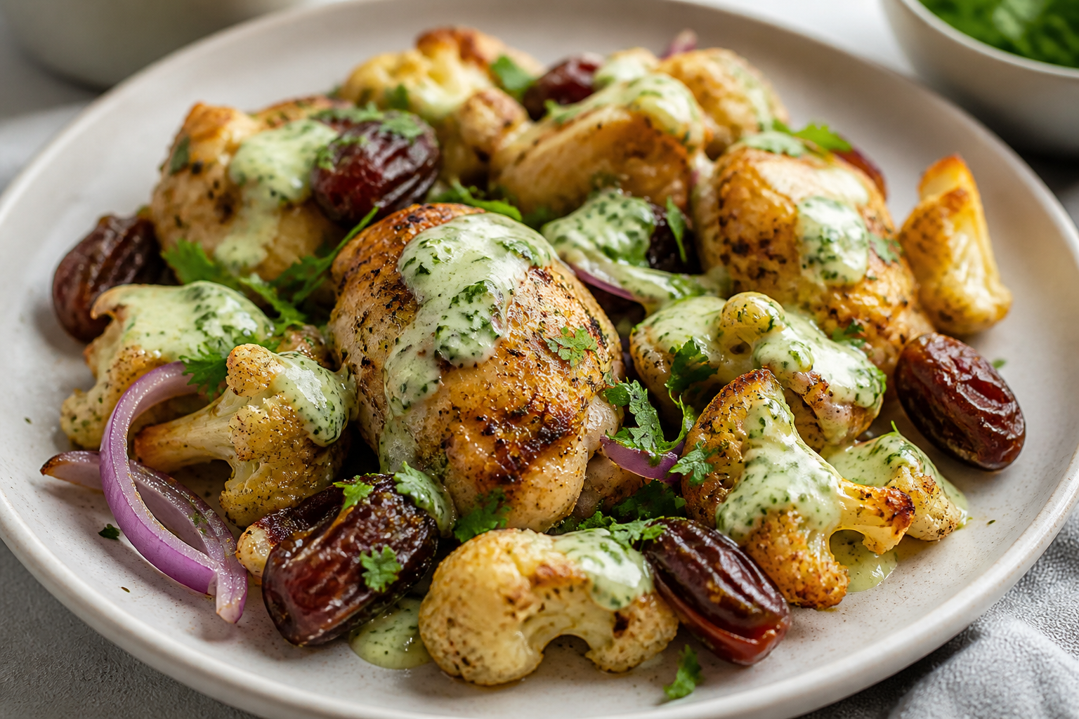 Slow Cooker Chicken with Cauliflower, Dates, and Gentle Tahini Lemon Cilantro Sauce