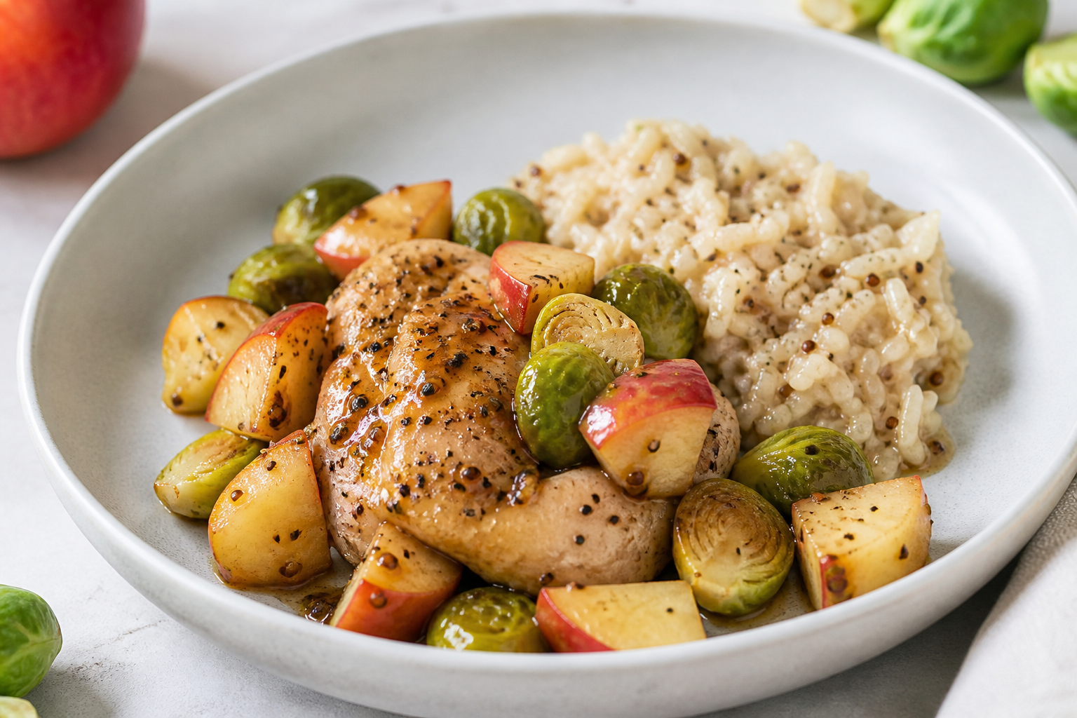 Instant Pot de pollo con manzana, coles de Bruselas y arroz cremoso de mostaza antigua