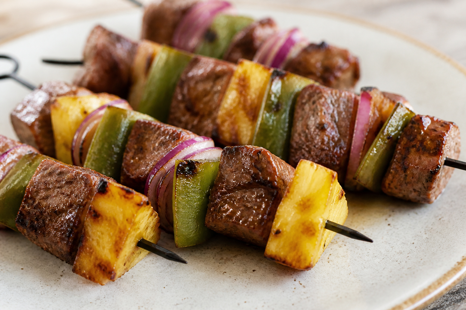 Brochetas de res a la parrilla con nopales, piña dorada y adobo de chile morita, cacao y lima