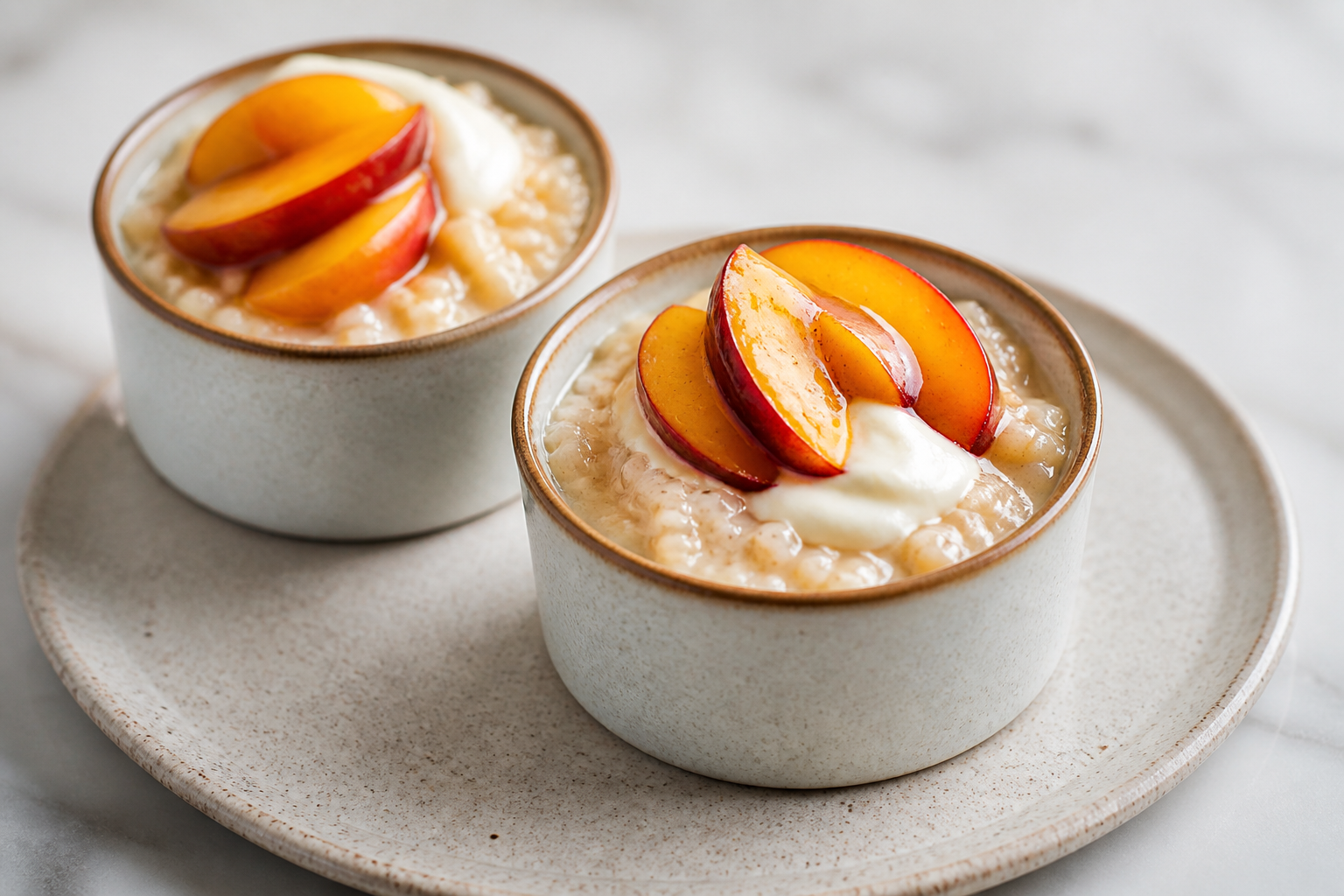Warm puffed rice and coconut custard pots with honeyed nectarines and vanilla cream