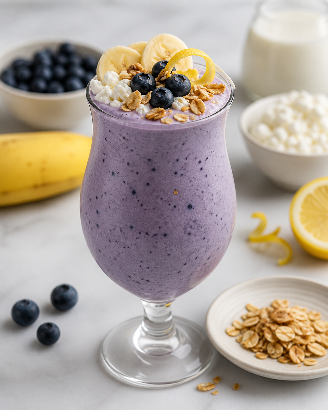 Blueberry, Banana and Cottage Cheese Cloud Smoothie with Toasted Oats and Lemon