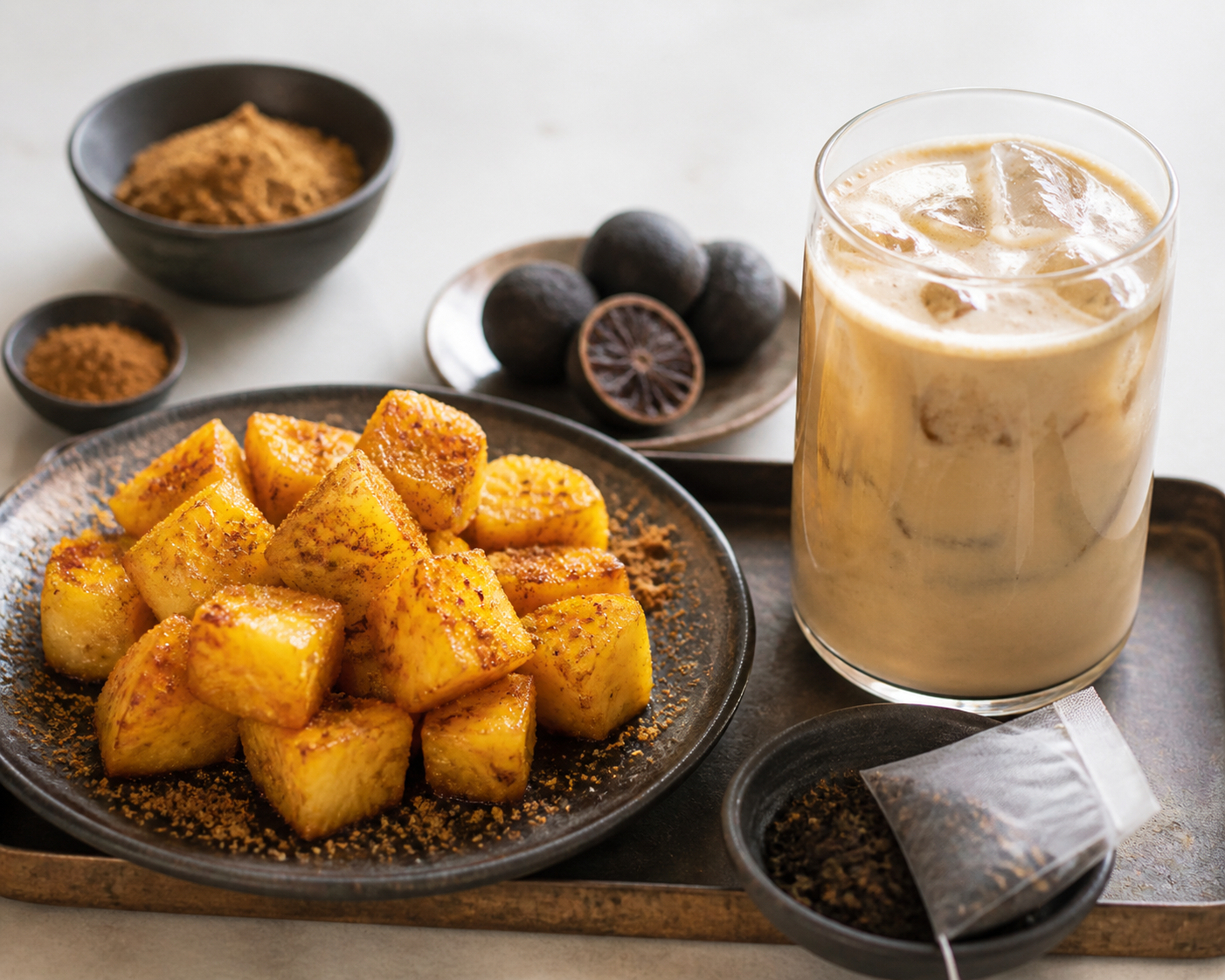 Spiced Roasted Pineapple, Black Lime and Iced Chai Coconut Fizz