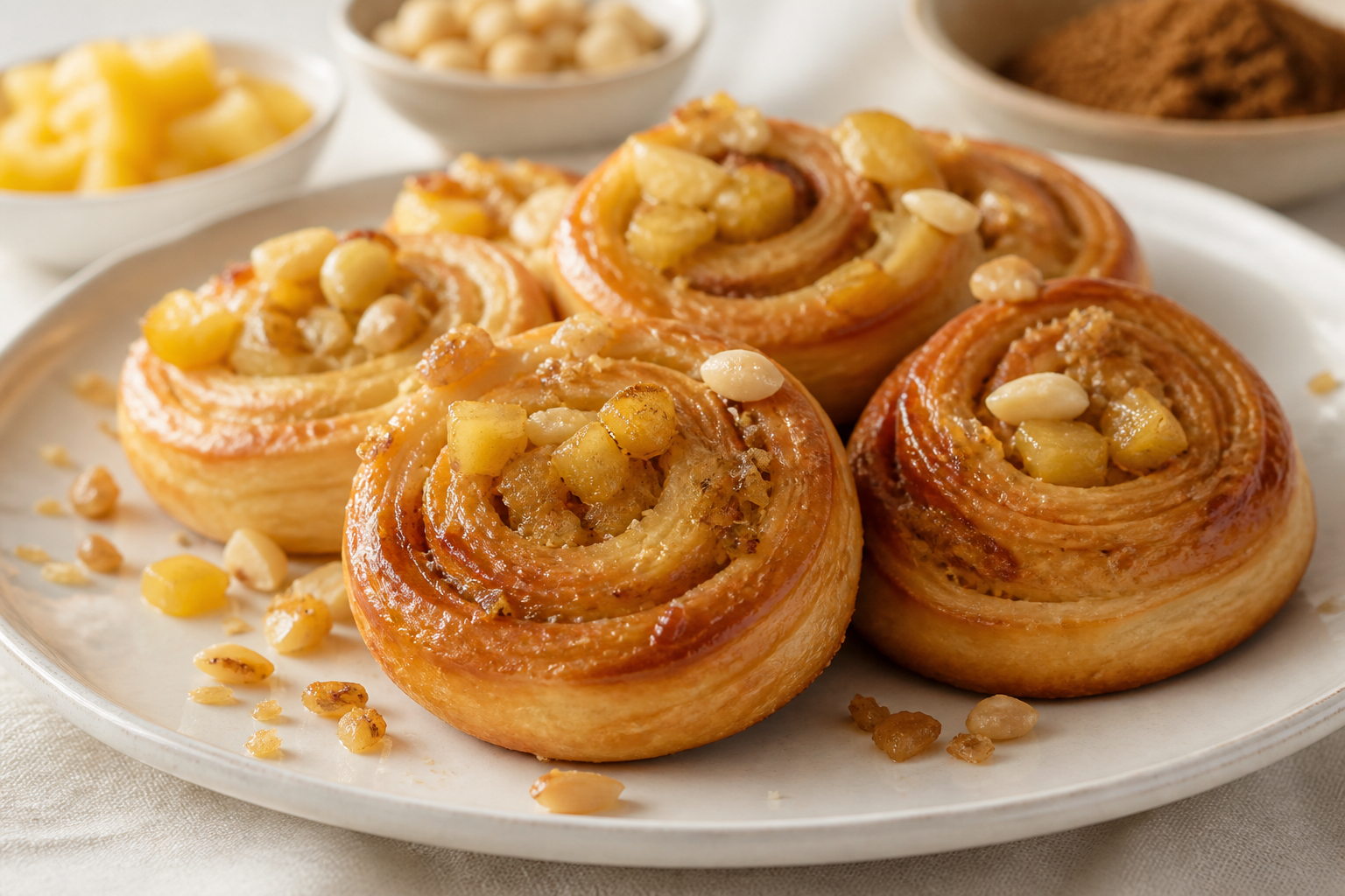 Bakery Pinwheels with Muscovado Butter, Roasted Pineapple, Candied Ginger, and Macadamia