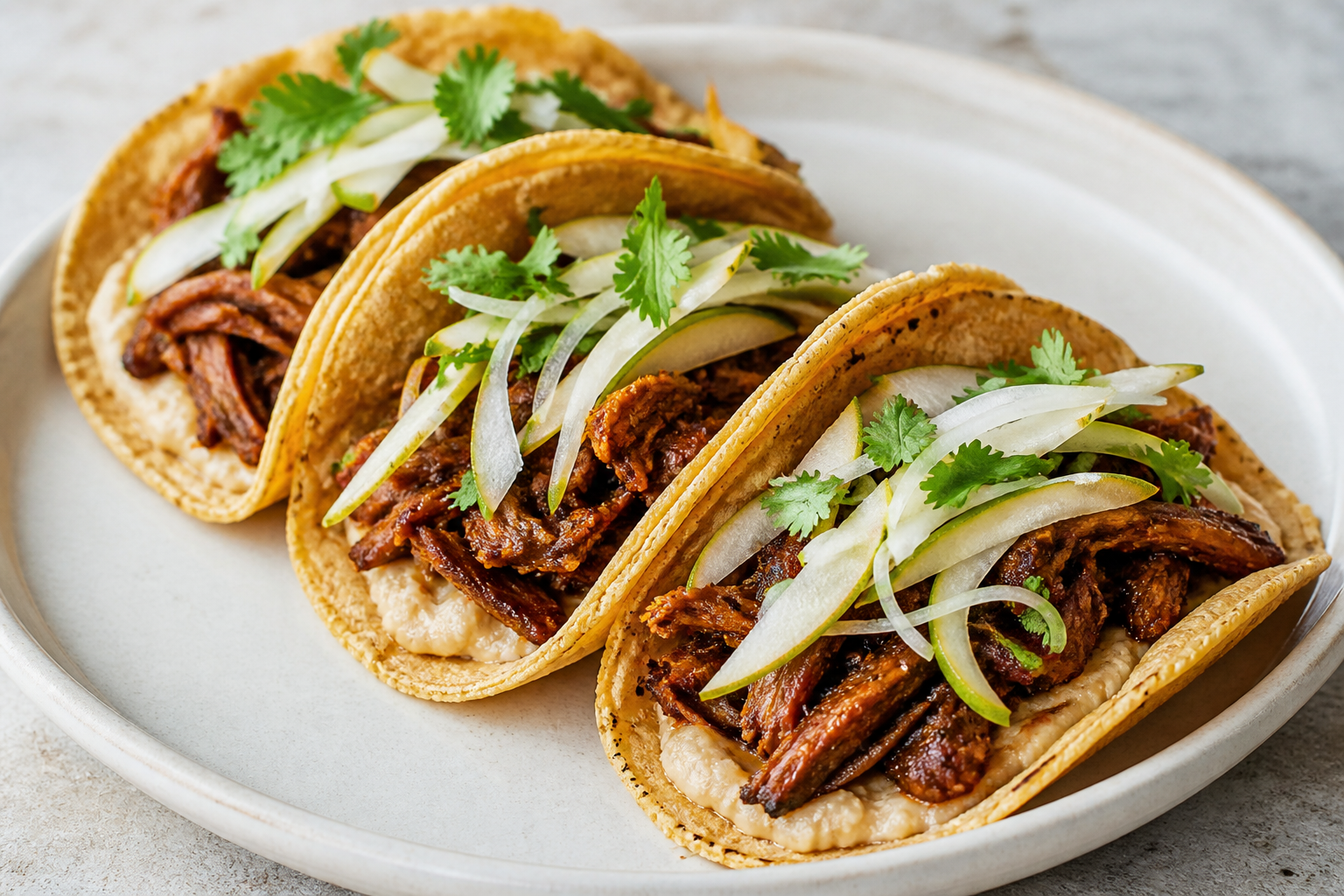 Tacos de carnitas de setas al chile morita con puré de frijol blanco y ensalada de pera, hinojo y cilantro