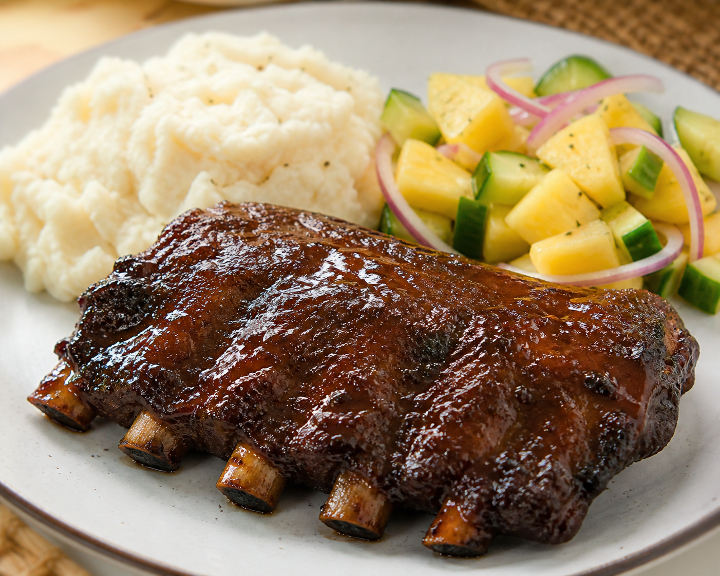 Costillas Caribeñas Glaseadas con Tamarindo y Café sobre Puré de Yuca al Coco y Ensalada de Piña, Pepino y Cebolla Morada