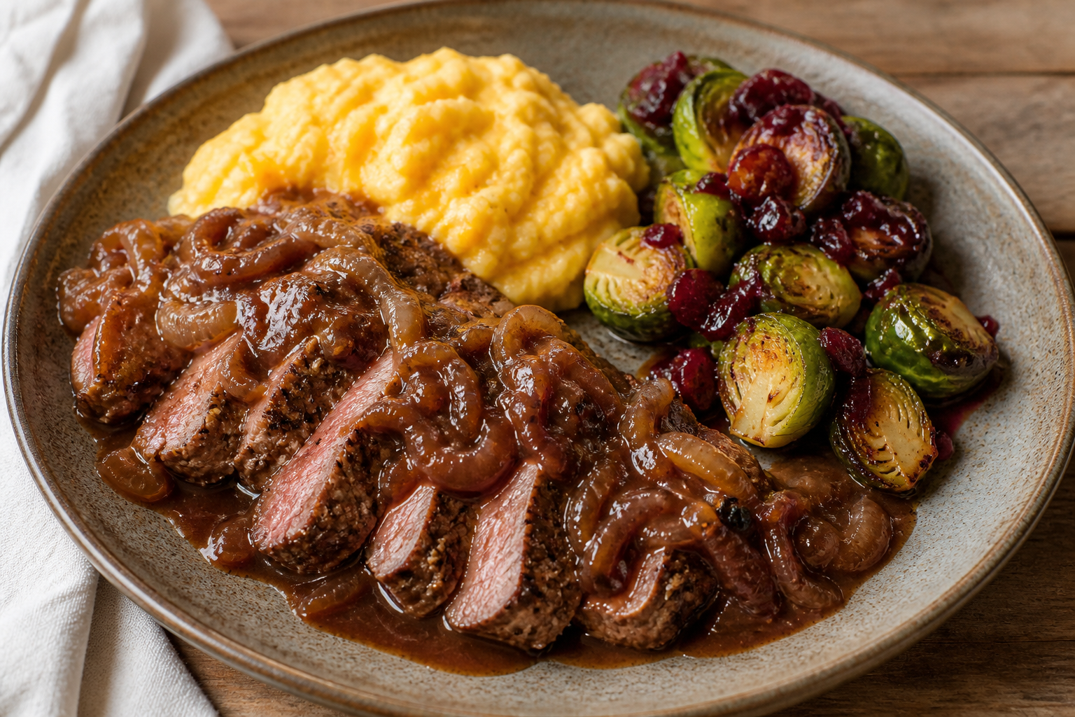 Country Beef Skillet with Coffee Onion Gravy, Creamy Cheddar Polenta, and Cranberry-Glazed Brussels Sprouts