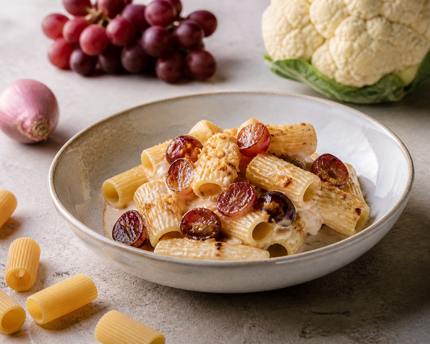 Tortiglioni con crema de coliflor ahumada, uvas asadas al balsámico y crumble de almendra y pecorino