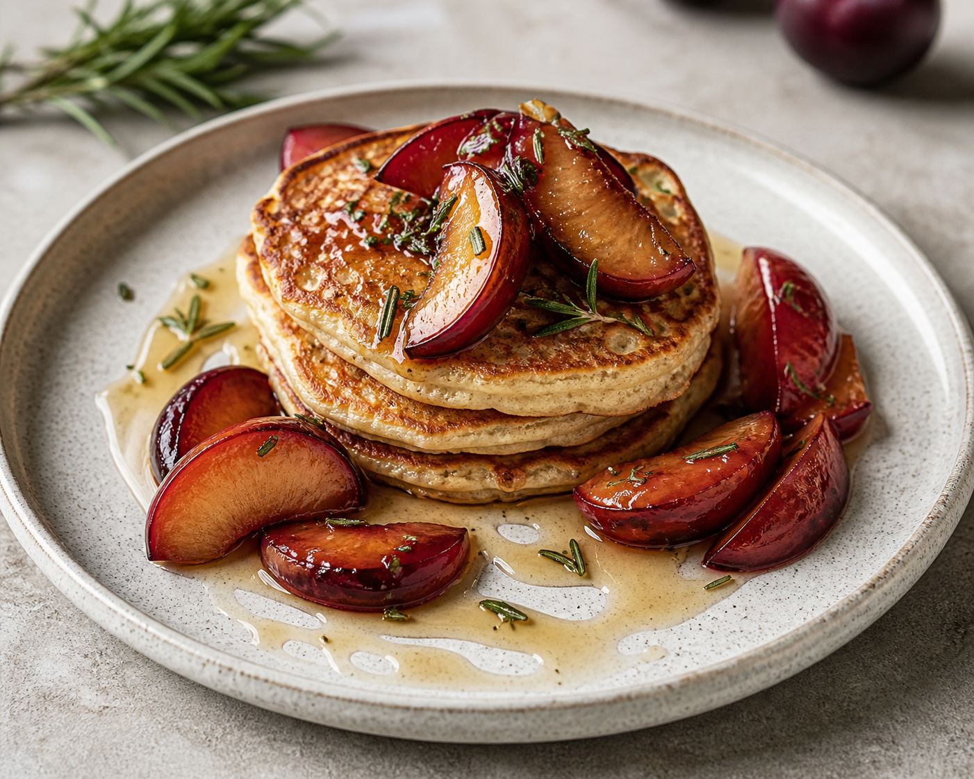 Tortitas de avena y requesón con ciruelas asadas al romero y miel de tahini