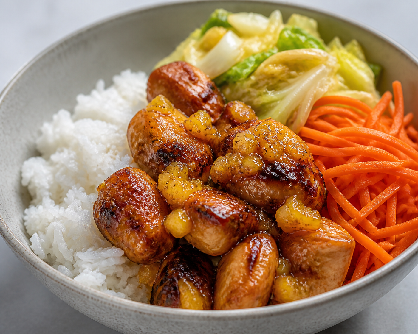 Bowl asiático de arroz jazmín con pollo caramelizado al miso de piña, col china salteada y zanahoria encurtida rápida