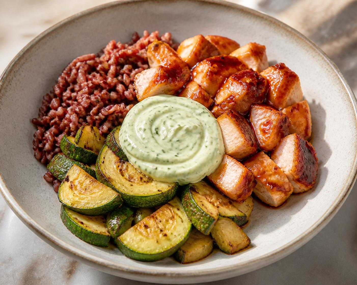 Red Rice Bowl with Guava-Chipotle Glazed Chicken, Cumin Zucchini and Avocado-Chive Cream