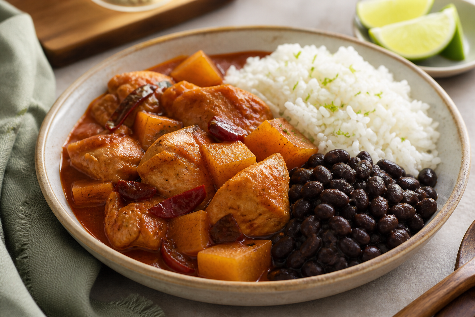 Pollo guisado al ají guajillo y papaya verde con arroz de coco-lima y frijoles negros especiados