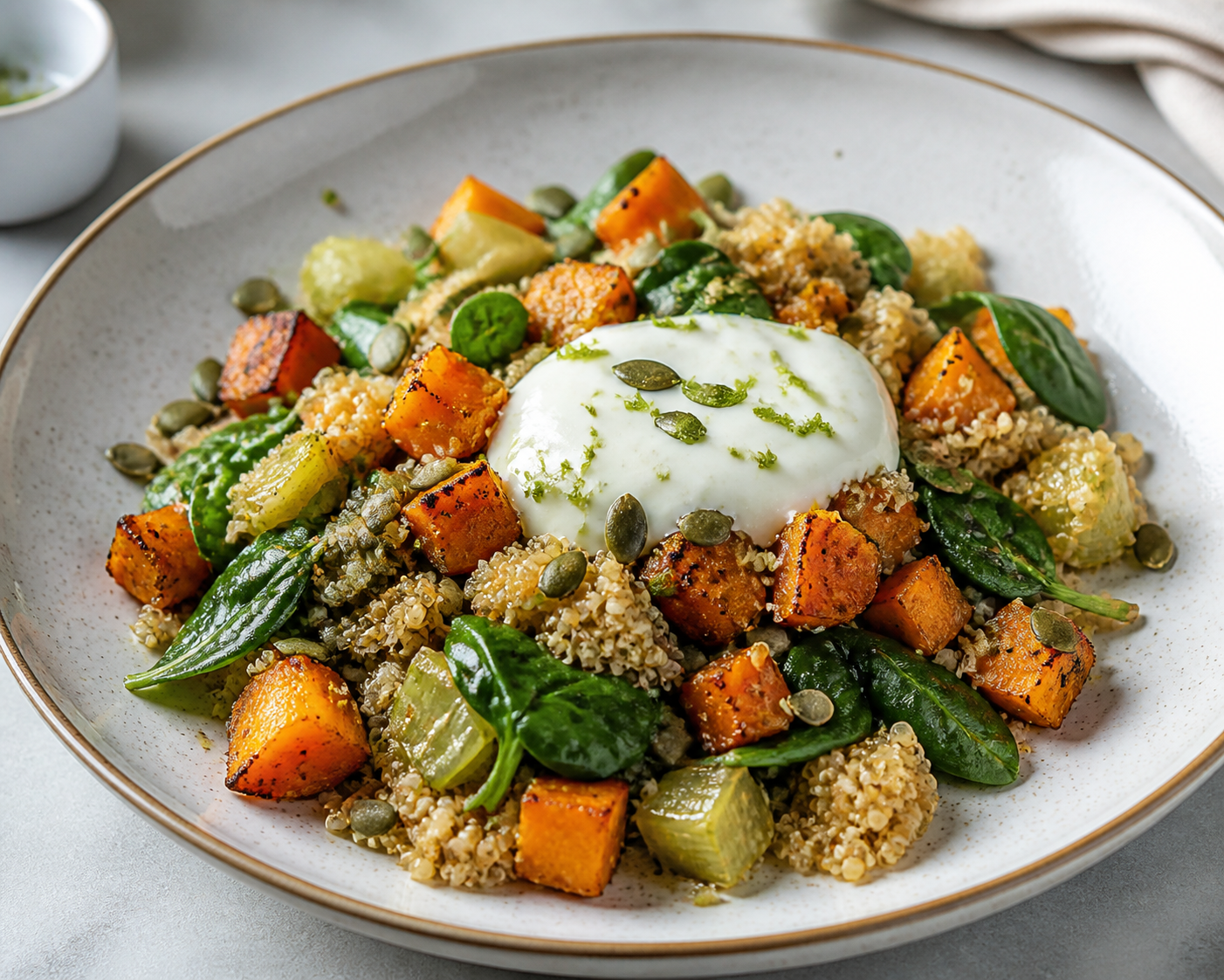 Warm golden quinoa salad with roasted sweet potato, braised leek, spinach, crunchy pepitas and lime yogurt cream