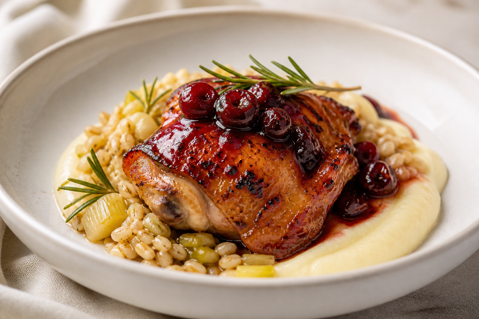Pollo asado con glaseado de cereza ácida y romero, crema suave de apio nabo y cebada perlada con puerro