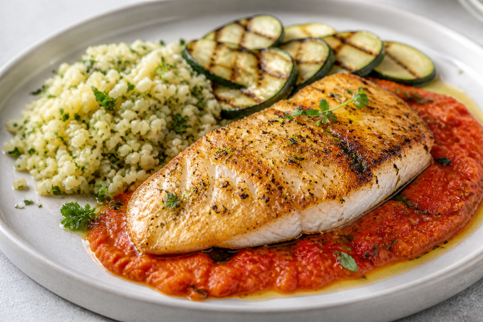 Pan-Seared Tilapia with Piquillo Pepper Almond Sauce, Herbed Bulgur, and Grilled Zucchini