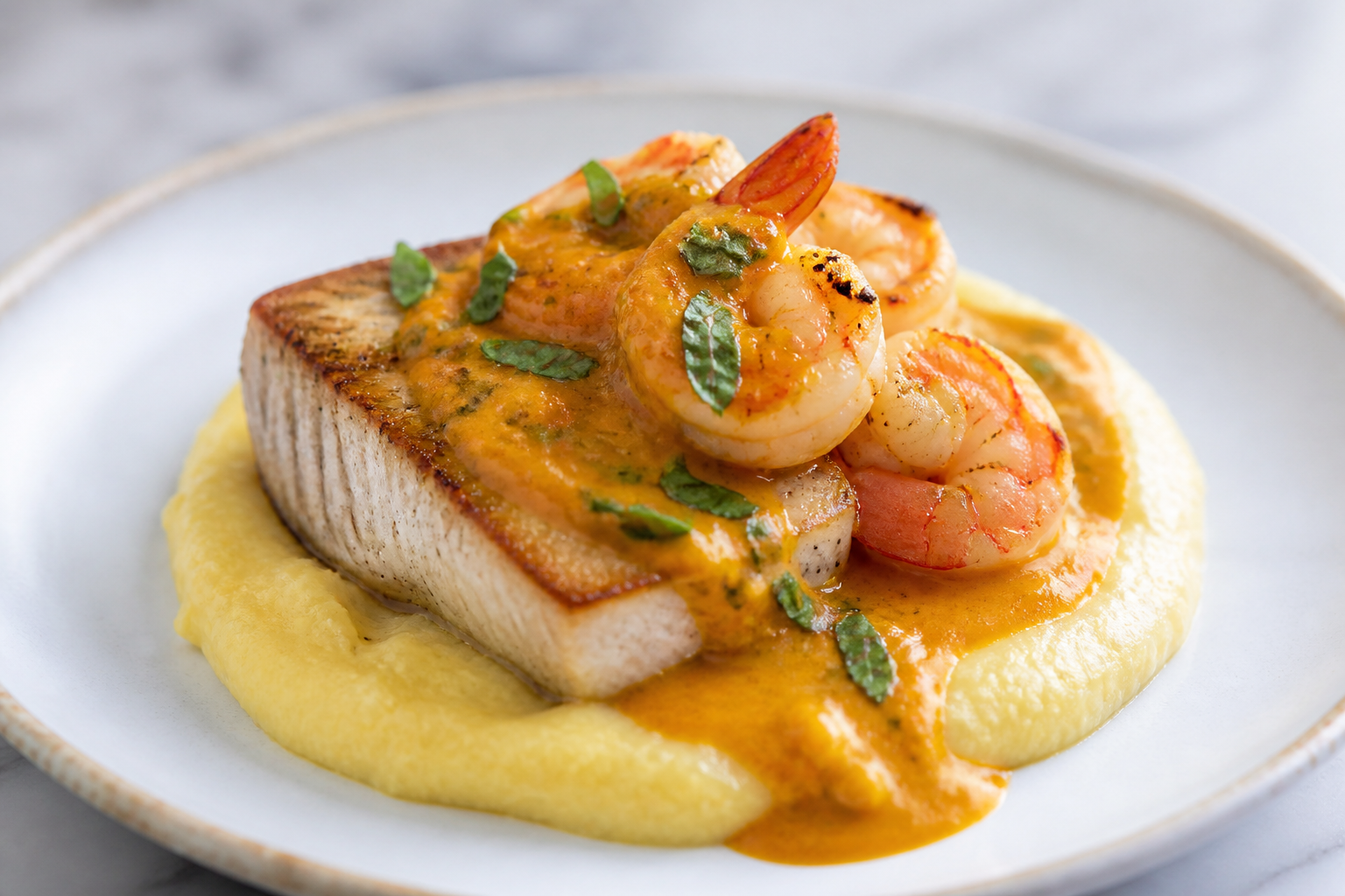 Pez espada con gambas en salsa de pimiento amarillo asado y albahaca, con polenta cremosa de limón