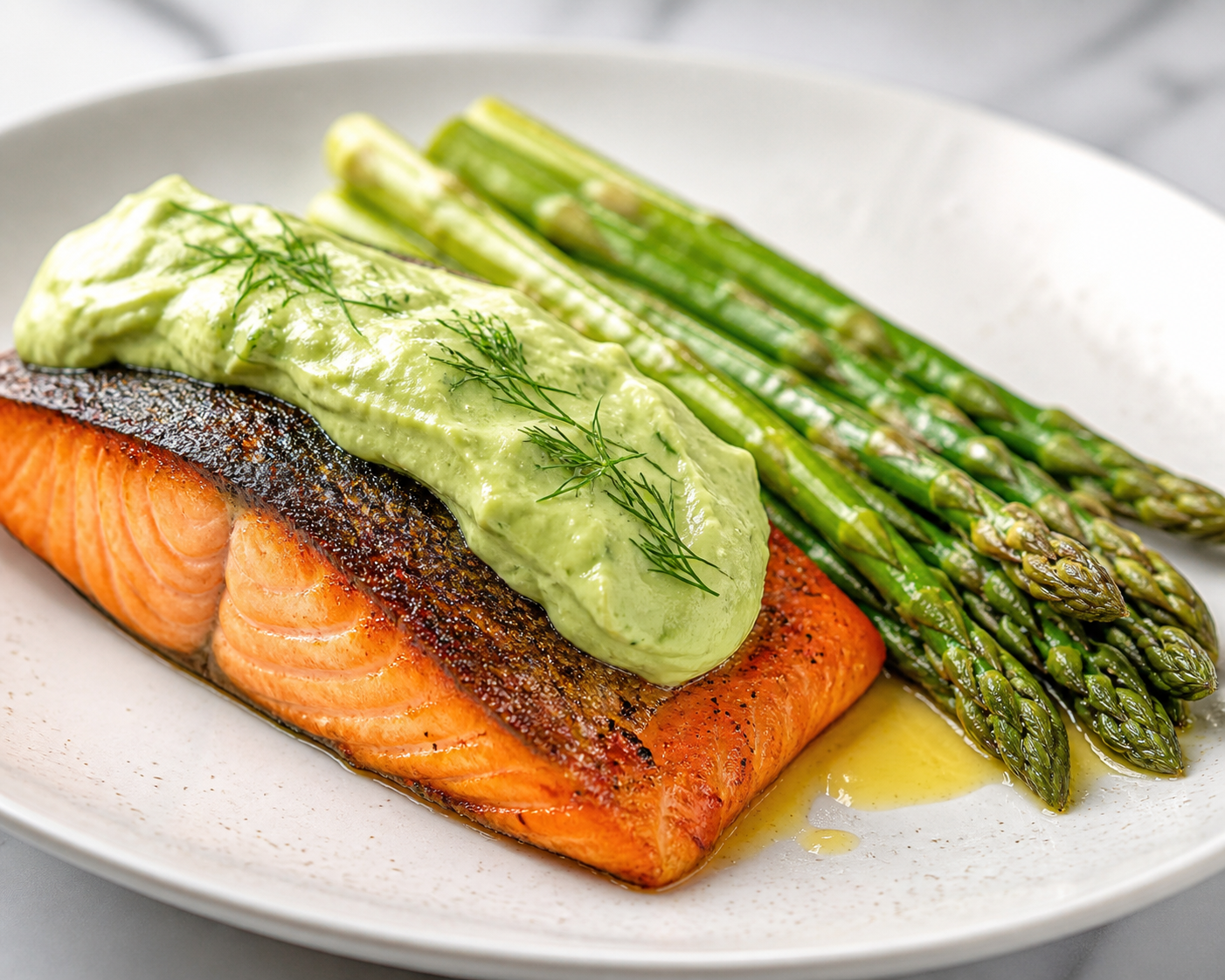 Salmón Keto con Crema de Aguacate, Eneldo y Espárragos a la Mantequilla de Limón