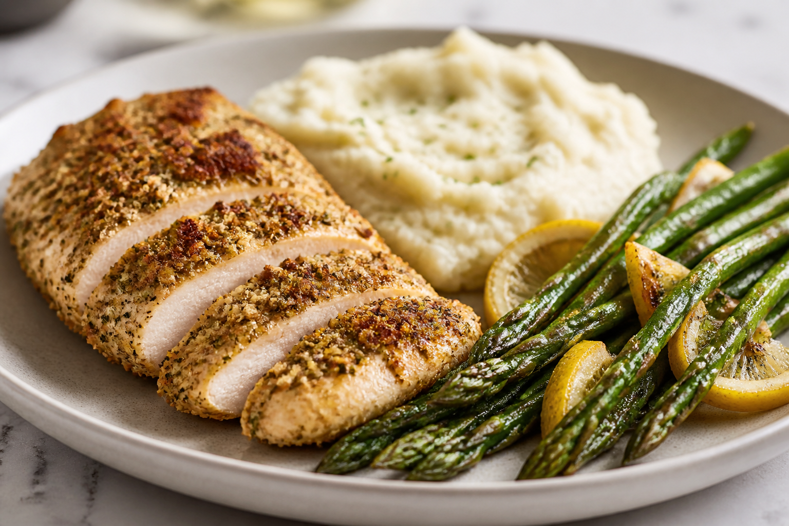 Herb-Almond Crusted Chicken with Roasted Cauliflower Mash and Lemon Asparagus