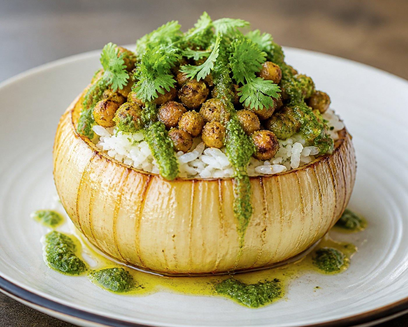 Coronas de cebolla asada rellenas de arroz cremoso de coco y lima con lentejas crujientes al curry y salsa verde de cilantro