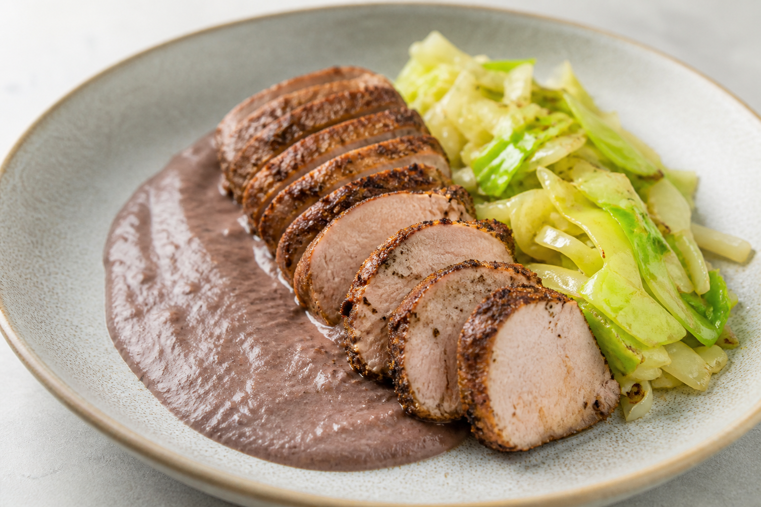 Lomo de cerdo al café y cacao con crema ligera de alubias negras y repollo salteado al limón