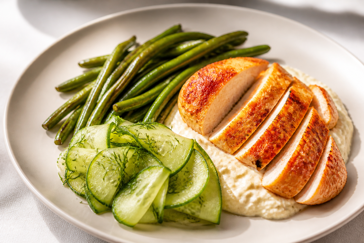Pechuga de pollo al pimentón suave con crema de coliflor y tofu, judías verdes tostadas y pepino al eneldo