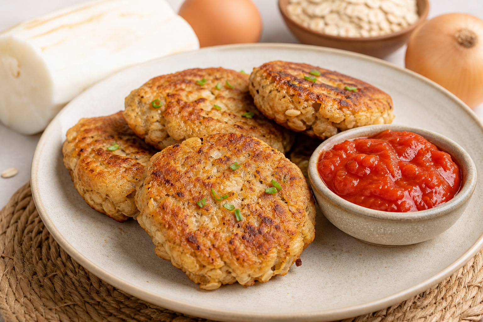 Tortitas Económicas de Yuca, Avena y Cebolla con Salsa Rápida de Tomate al Comino