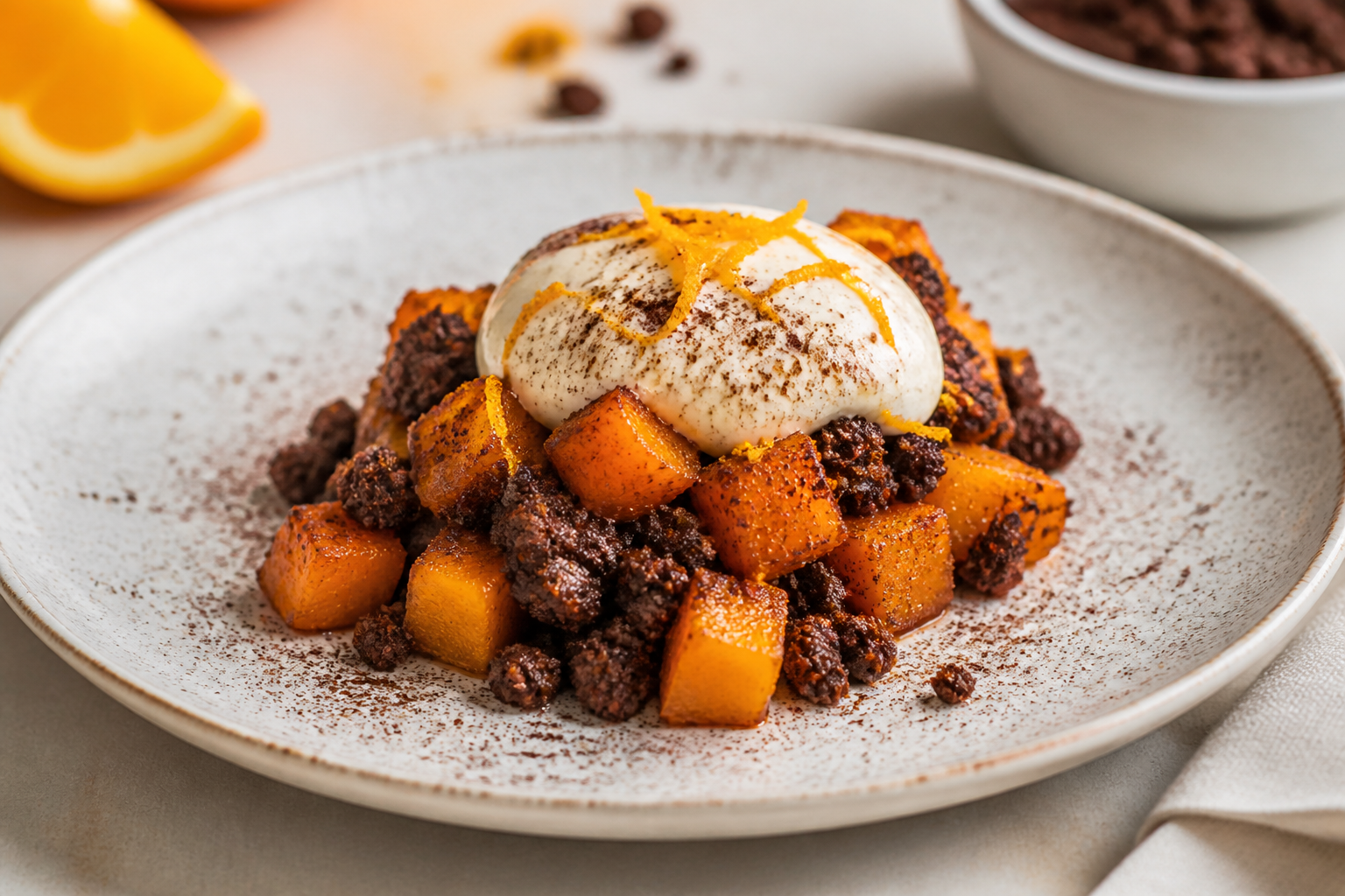Warm Sweet Potato, Cocoa and Orange Crumble with Espresso Ricotta Cream