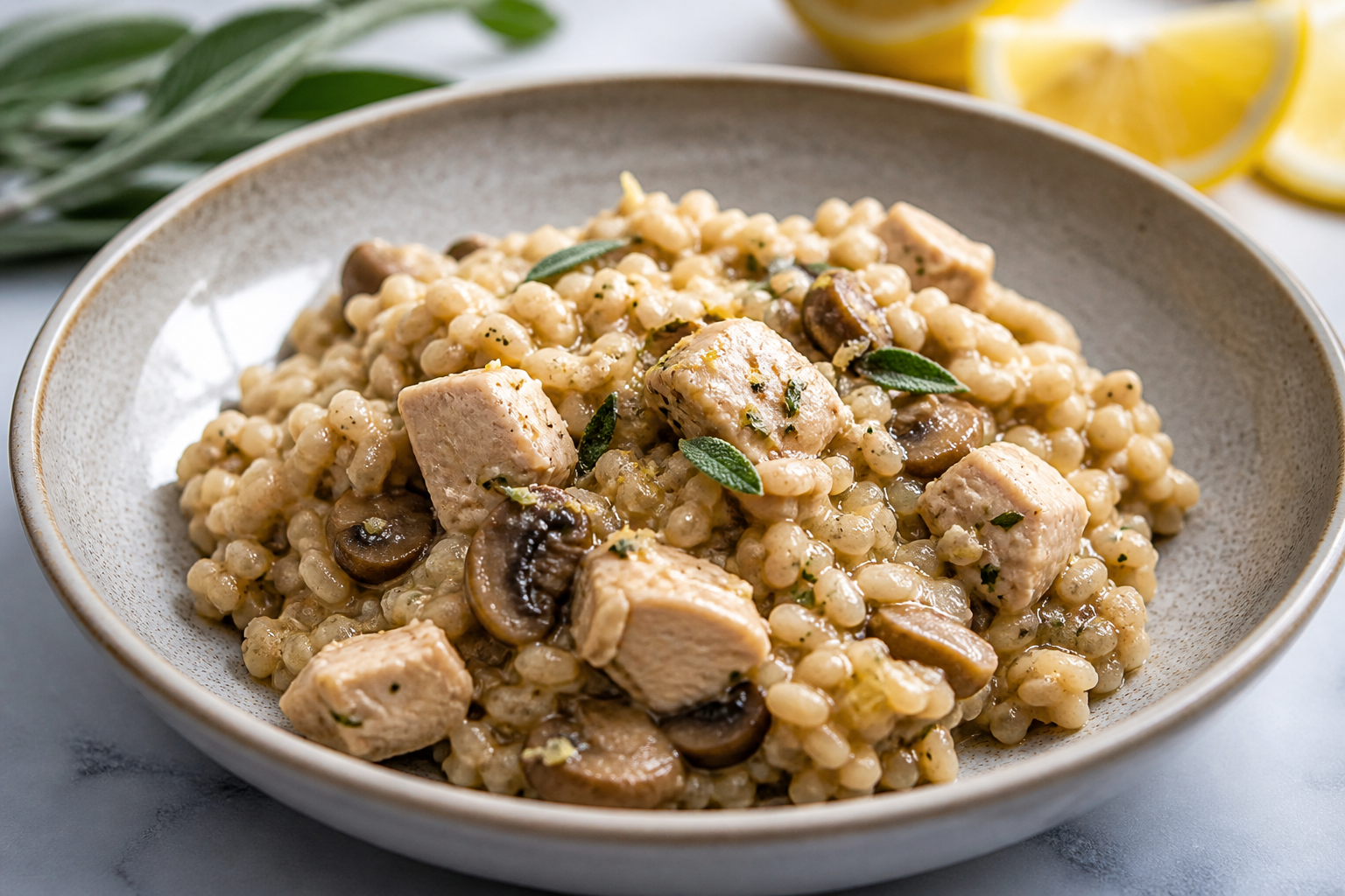 Instant Pot de pavo con setas, arroz integral cremoso y salvia al limón