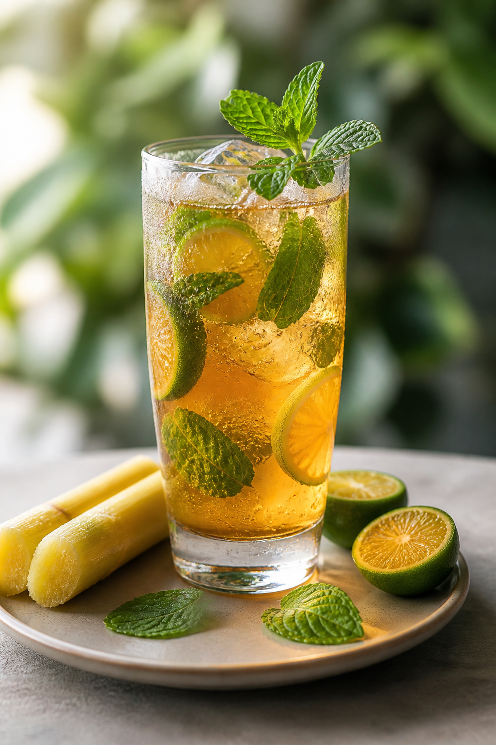 Soda fría de caña de azúcar, mandarina verde y té de cebada con hierbabuena