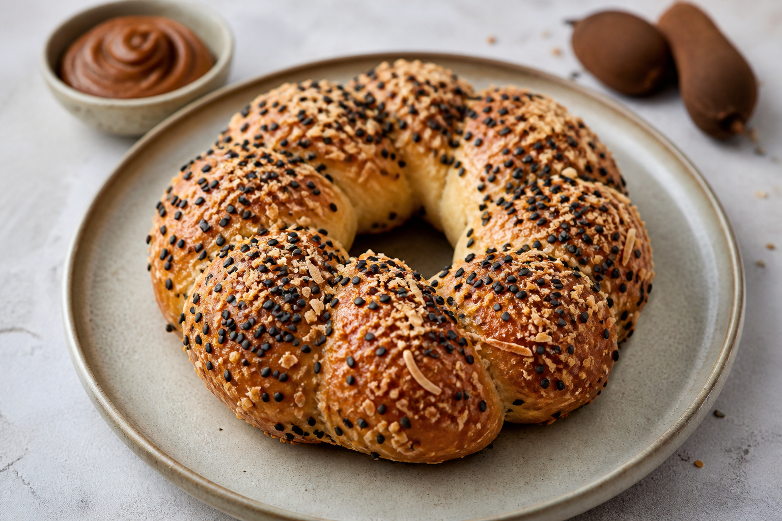 Bakery Ring with Sweet Tamarind Butter, Toasted Coconut, and Black Sesame