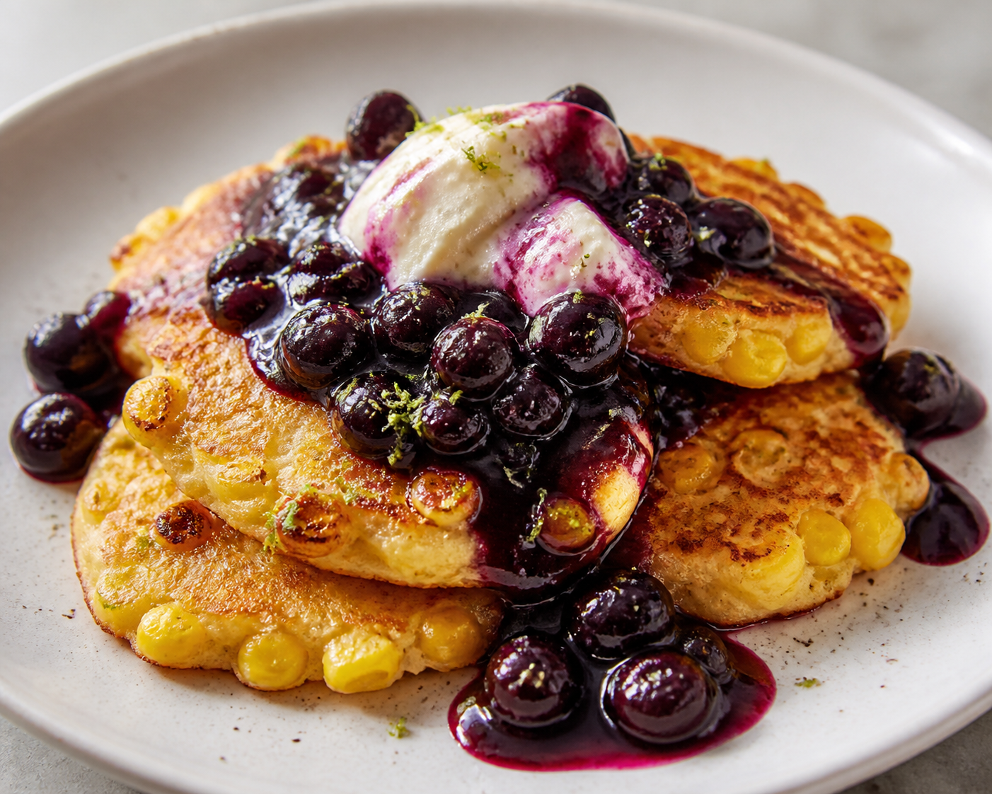 Sweet Corn and Ricotta Griddle Cakes with Warm Blueberry Lime Butter