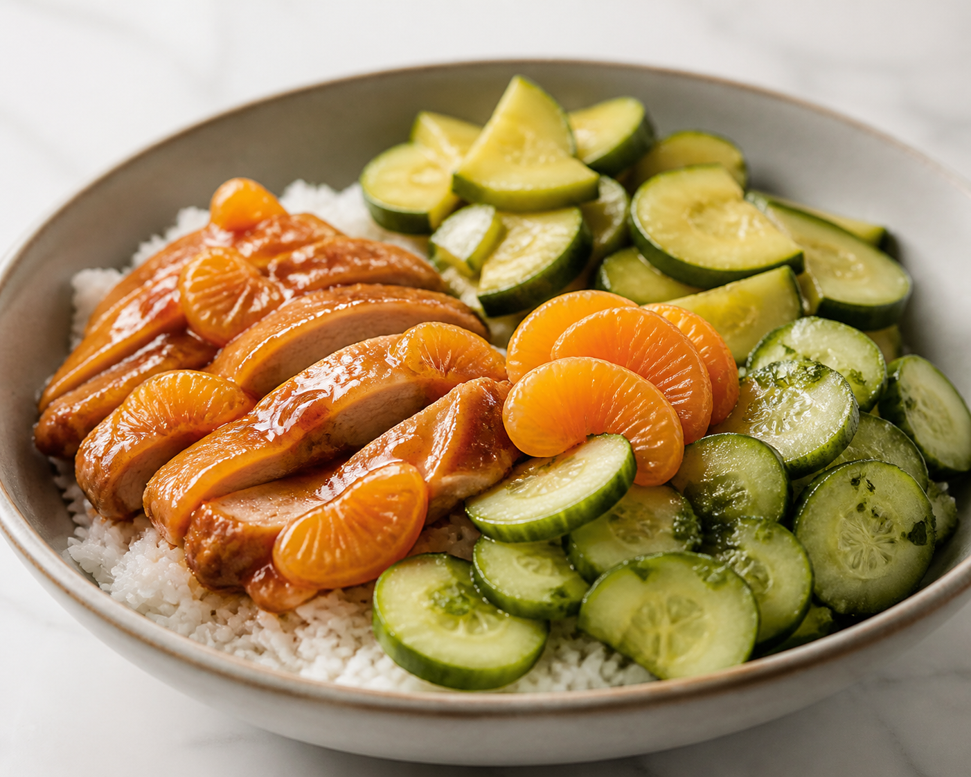 Bowl asiático de arroz jazmín con pollo glaseado de sésamo y mandarina, calabacín salteado y ensalada tibia de pepino con menta