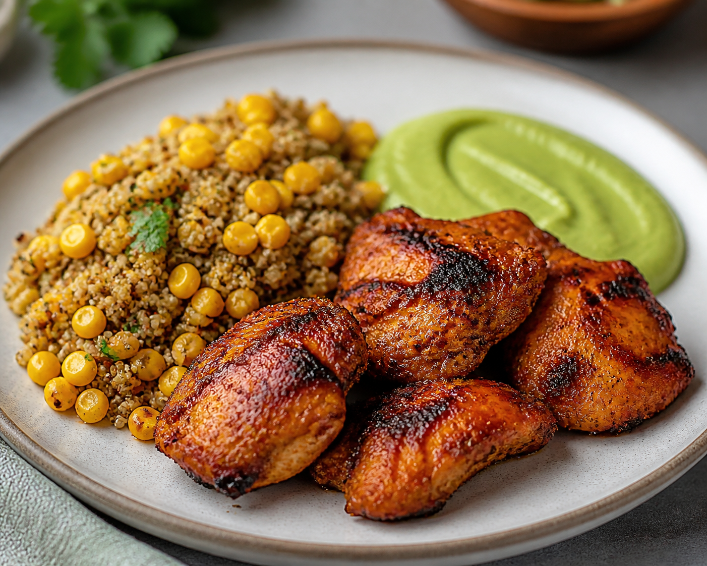 Pollo al achiote y lima con quinoa de maíz tostado y crema de aguacate