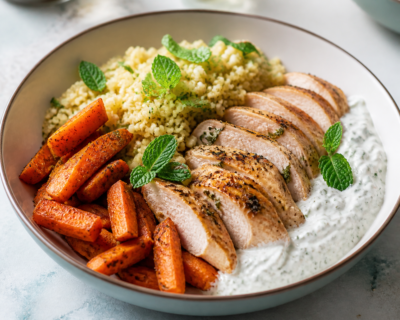 Bowl templado de pavo al limón tostado con trigo bulgur, zanahorias especiadas y salsa cremosa de feta y menta