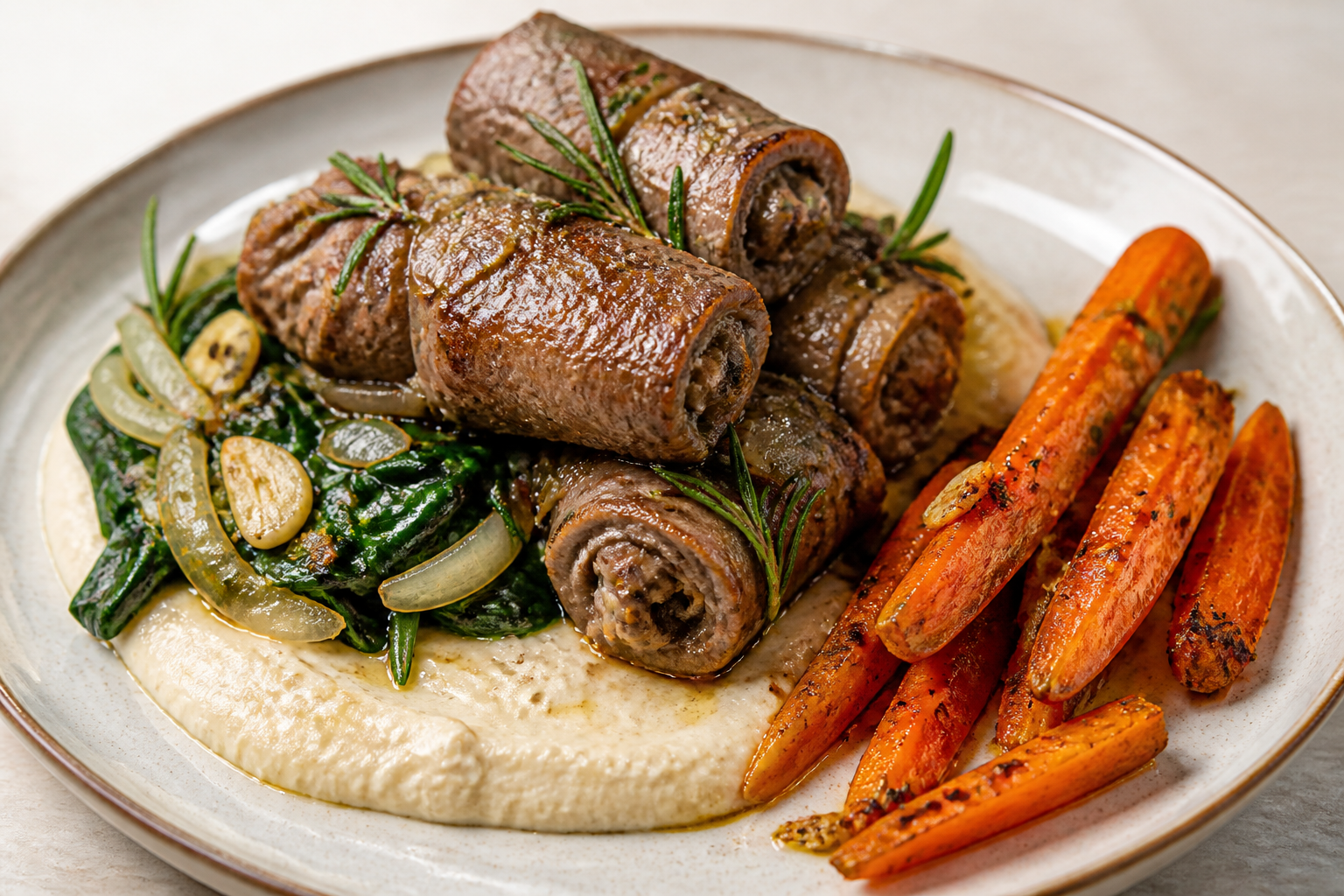 Warm Rosemary Beef Rolls with White Bean Cream and Cumin-Roasted Carrots
