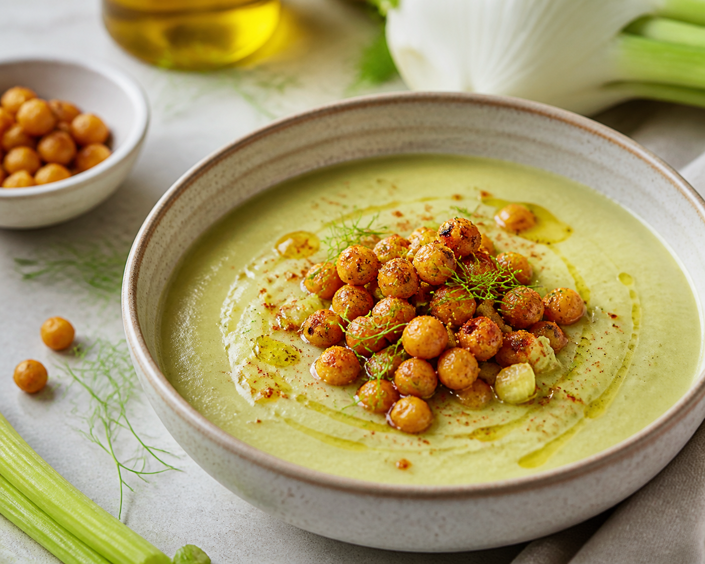 Velvety Celery, Potato and Fennel Soup with Paprika-Lemon Chickpeas