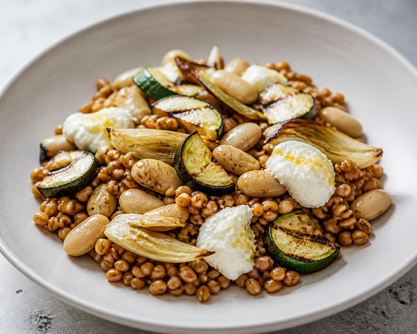Warm pearled farro salad with grilled zucchini, caramelized fennel, butter beans, and lemon ricotta cream