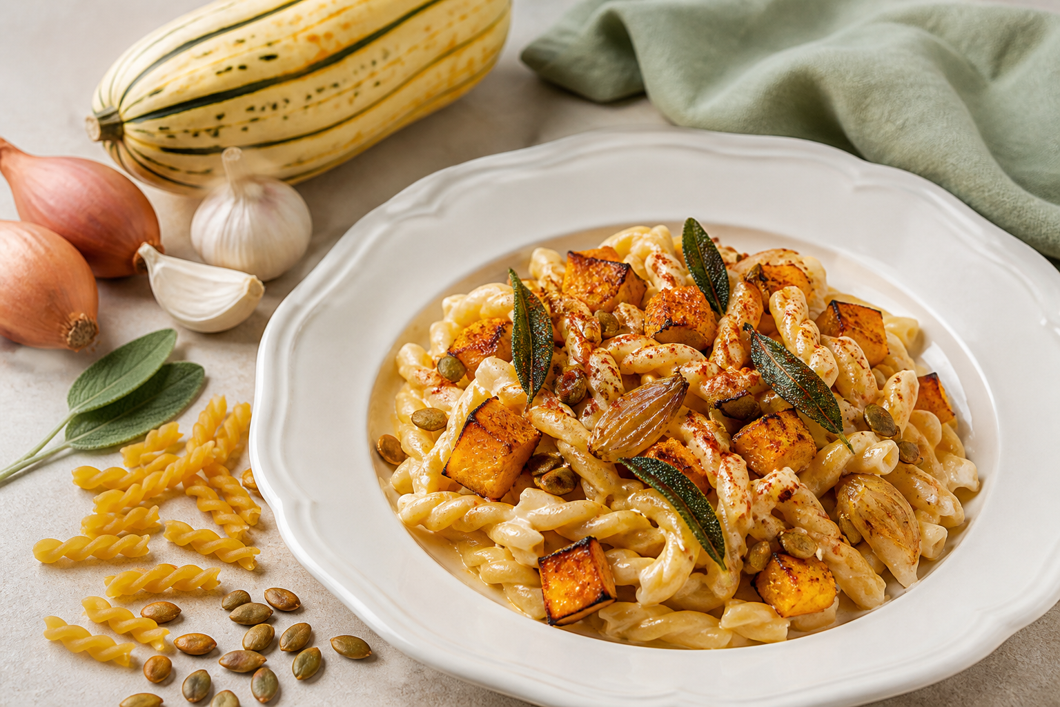 Gemelli cremosa de calabaza delicata asada, chalota dorada y mascarpone con salvia crujiente y pepitas al pimentón