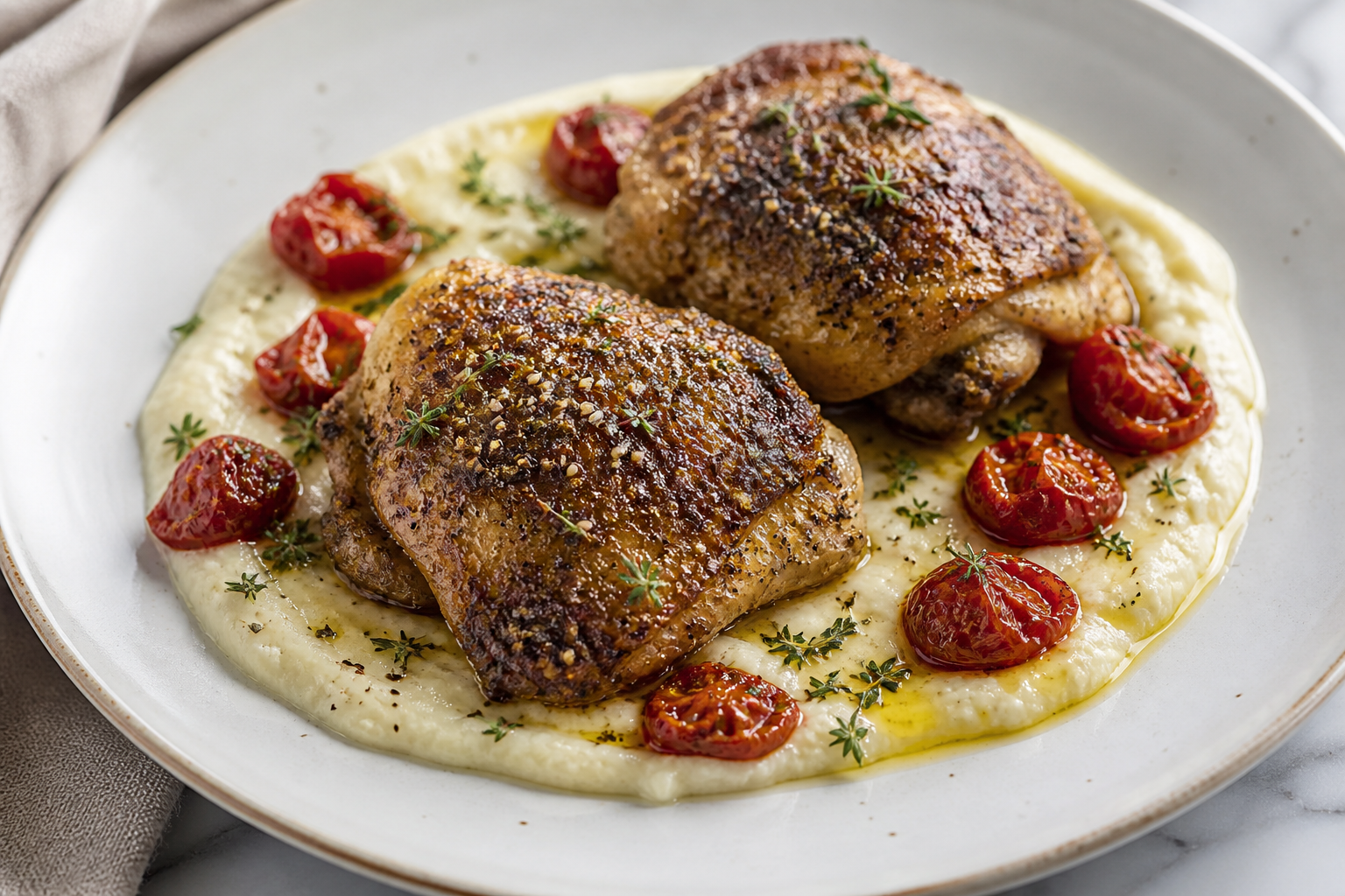 Pollo crujiente al zaatar con crema de coliflor al limón y tomates asados