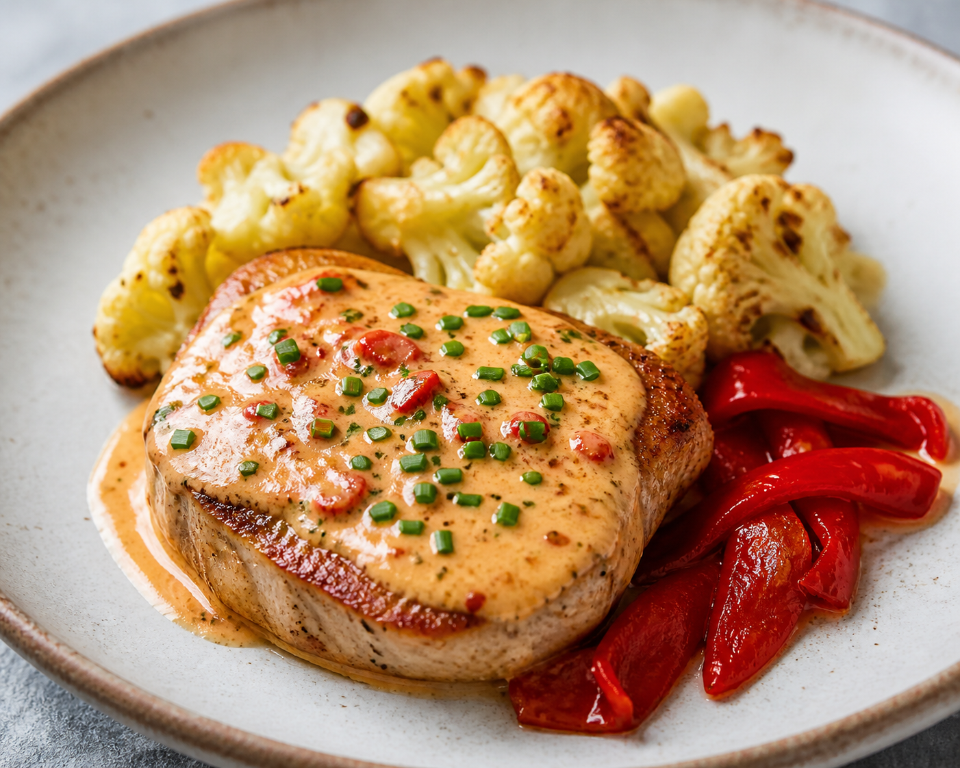 Keto Pork Chops with Creamy Piquillo Pepper, Manchego and Chive Sauce with Roasted Cauliflower