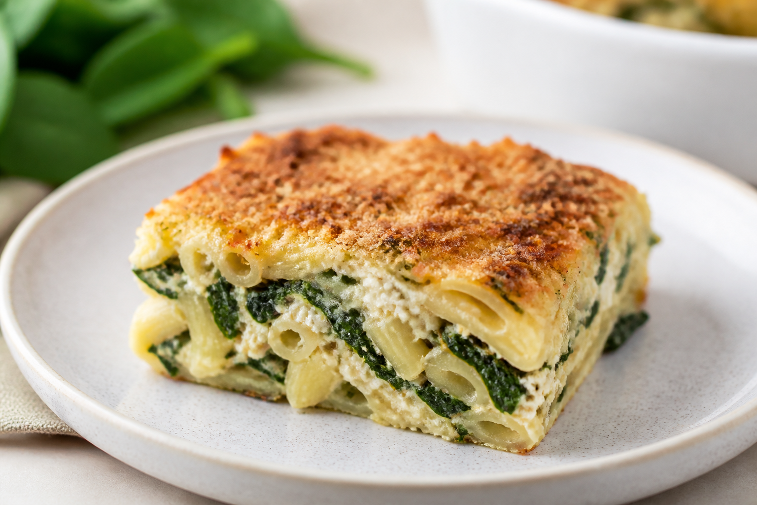 Budget Noodle, Spinach and Ricotta Bake with Garlicky Bread Crust