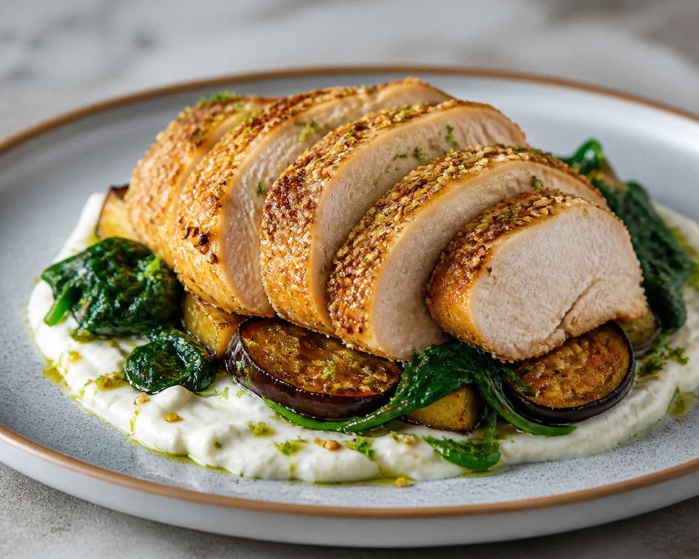 Oven-Roasted Turkey with Sesame-Lime Crust over Spiced Eggplant, Sautéed Spinach and Light Ricotta Cream
