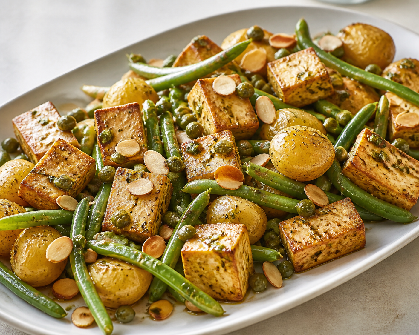 Warm Green Bean and Baby Potato Tray with Citrusy Tofu, Capers Vinaigrette, and Toasted Almonds