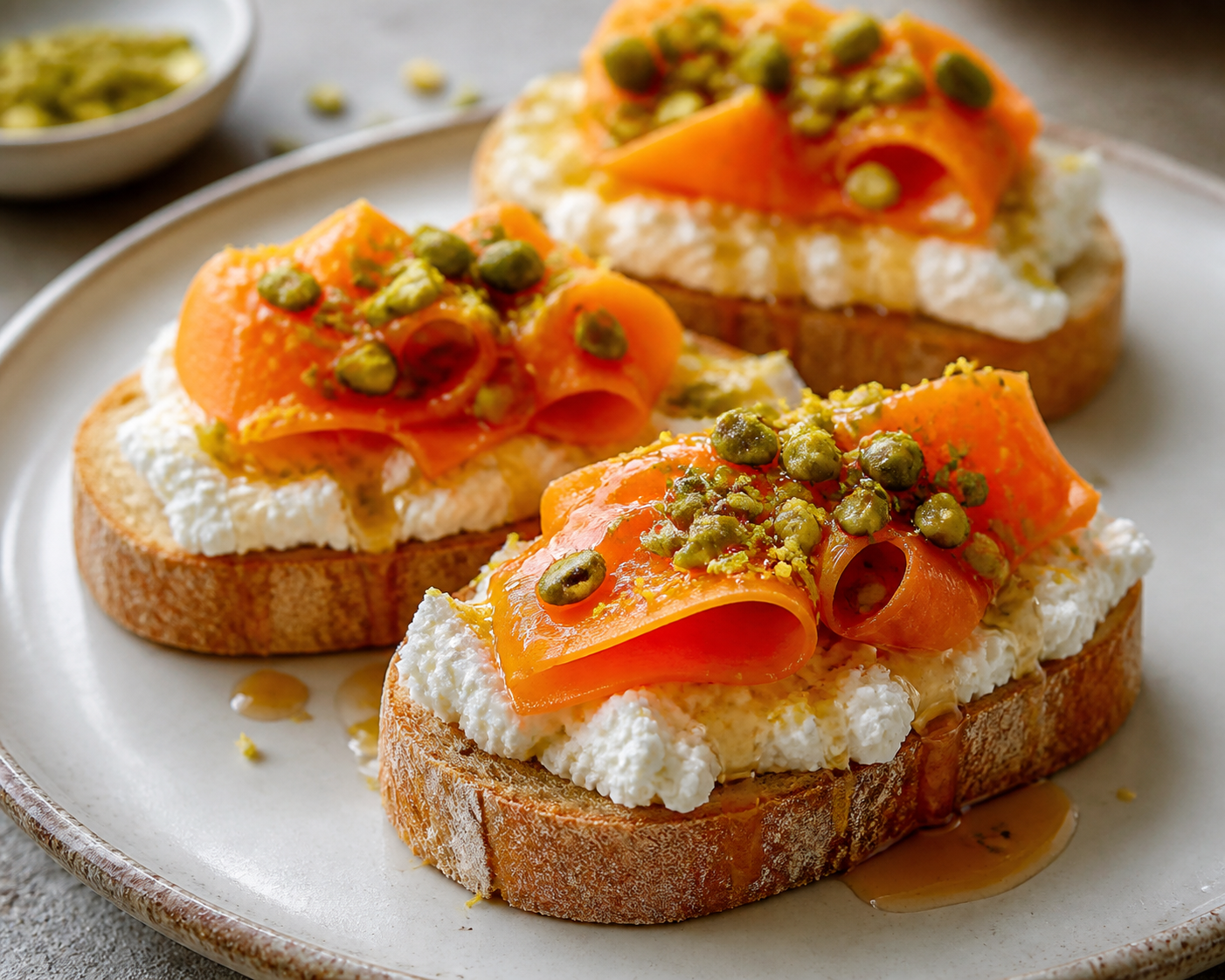 Quick lemon ricotta toasts with crunchy carrot, pistachio, and cumin honey