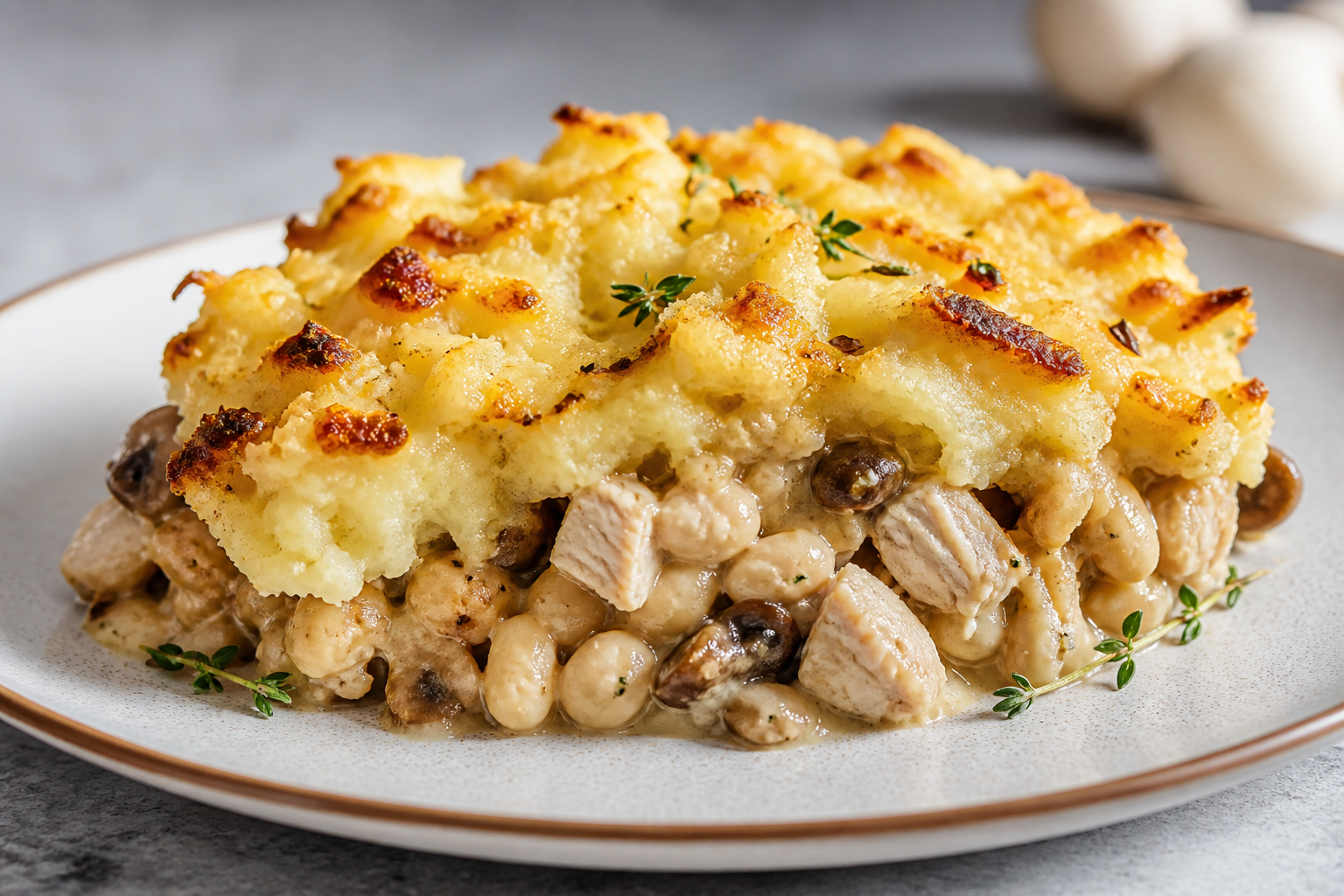 Family White Bean Mash Pie with Thyme Chicken, Golden Mushrooms and Crispy Potato Topping