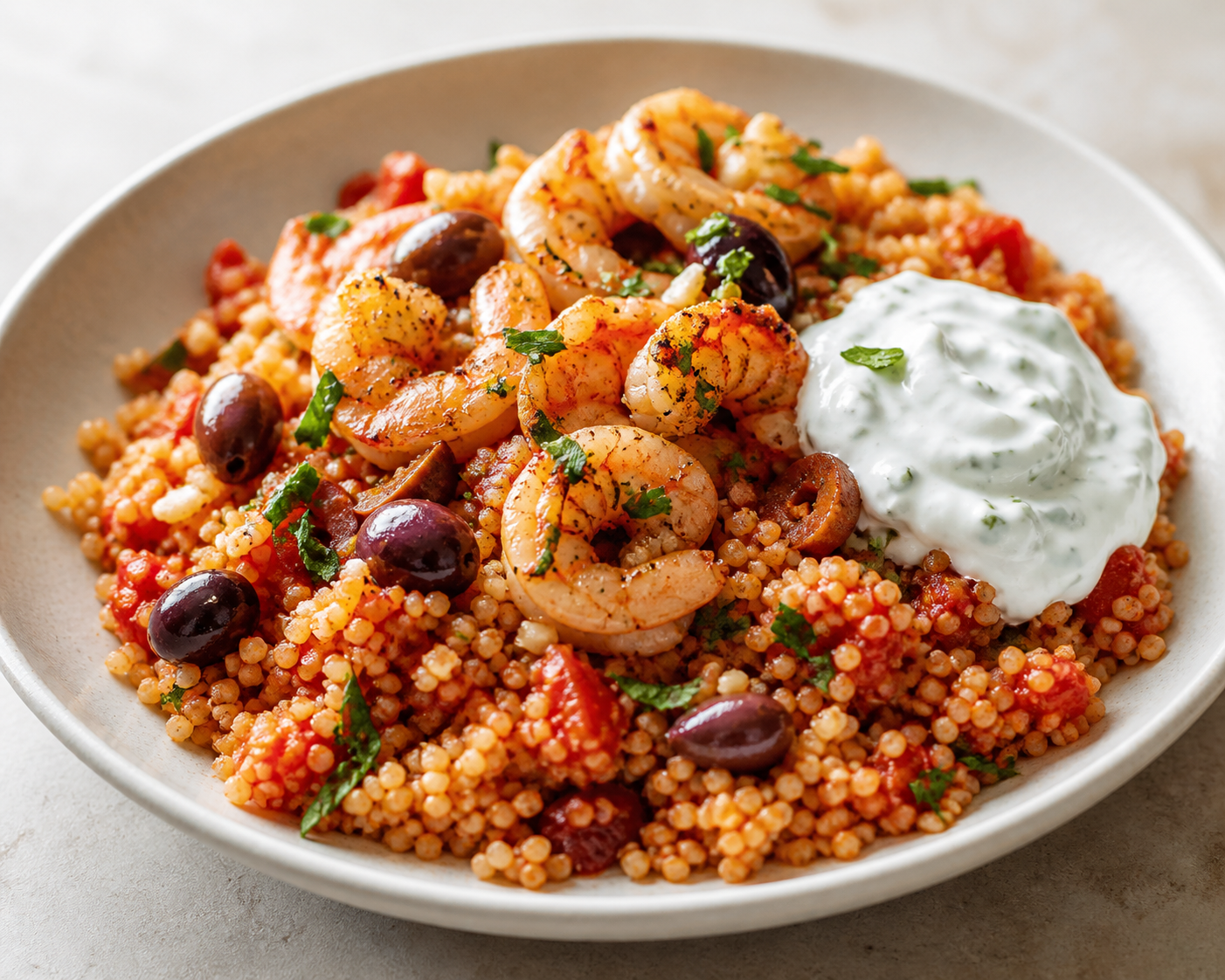 Cuscús exprés de tomate especiado con gambas al ajo, aceitunas y yogur de hierbas