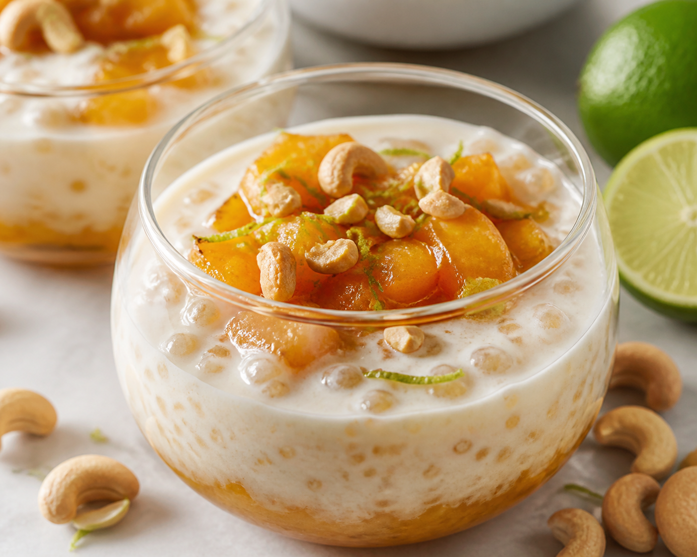 Warm coconut tapioca pots with caramelized mango, lime, and cashew crunch
