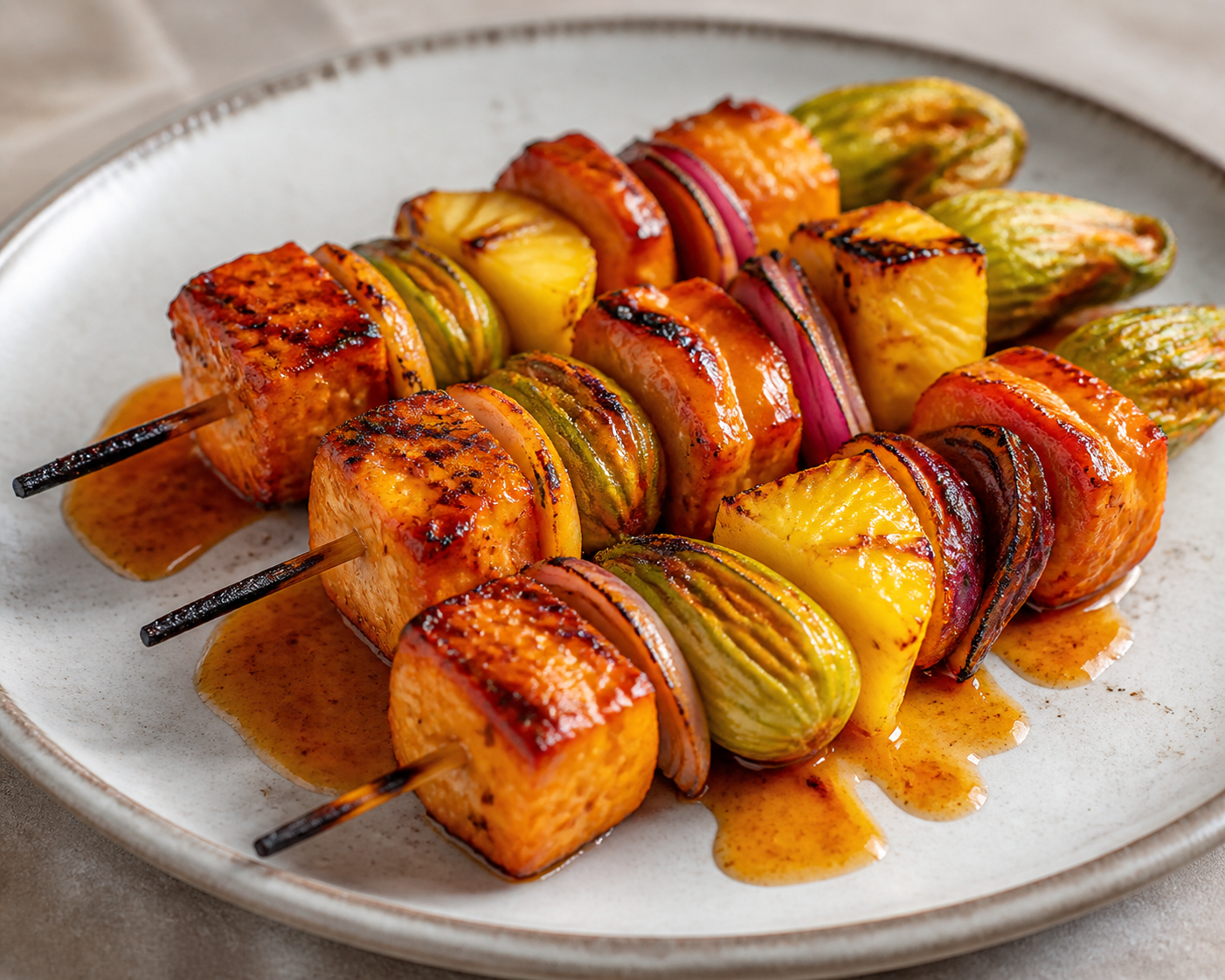 Brochetas de pollo a la parrilla con flor de calabaza, piña fresca y adobo de pepita, chile guajillo y limón