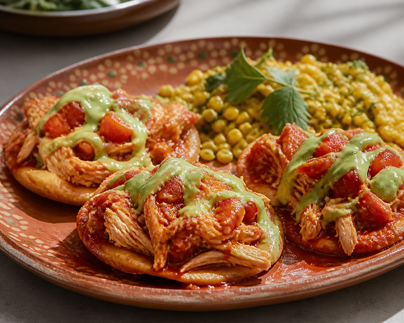 Enchiladas abiertas de pollo al chile cascabel y jitomate rostizado con crema de aguacate y elote al epazote