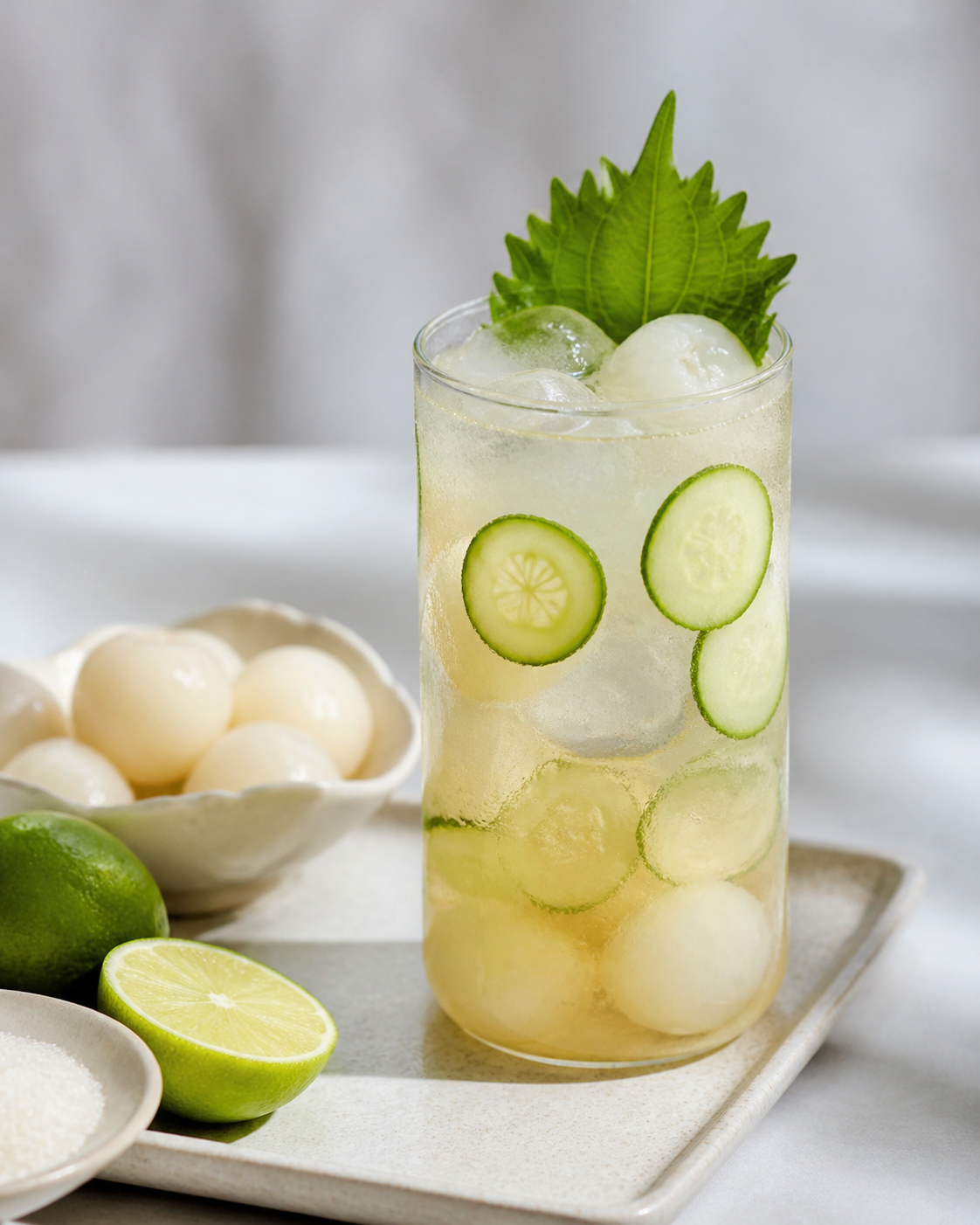 Chilled Lychee, Lime and White Tea Soda with Cucumber and Shiso