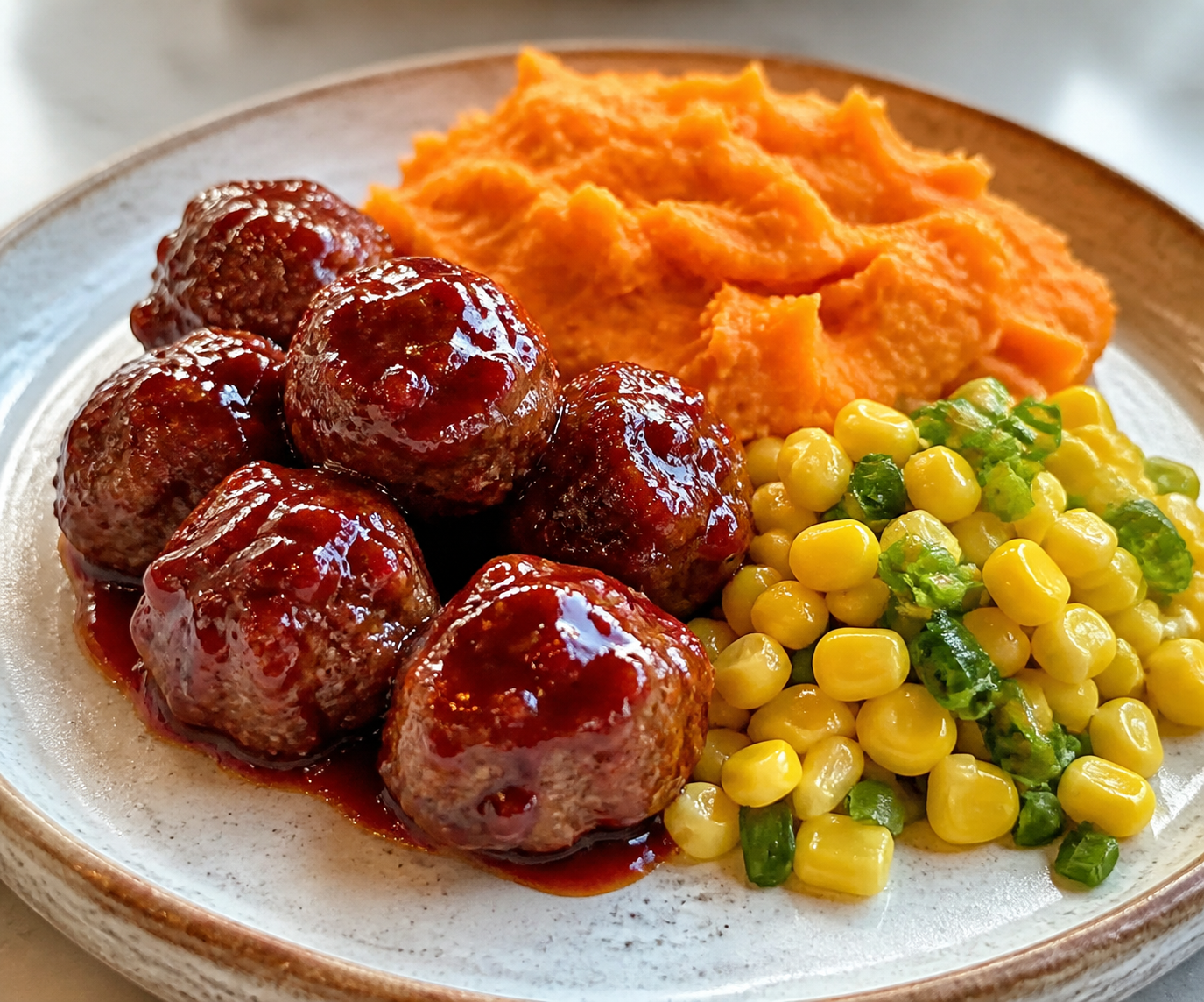 Beef Meatballs with Cherry Bourbon Glaze, Rustic Sweet Potato Mash, and Warm Corn-Scallion Salad
